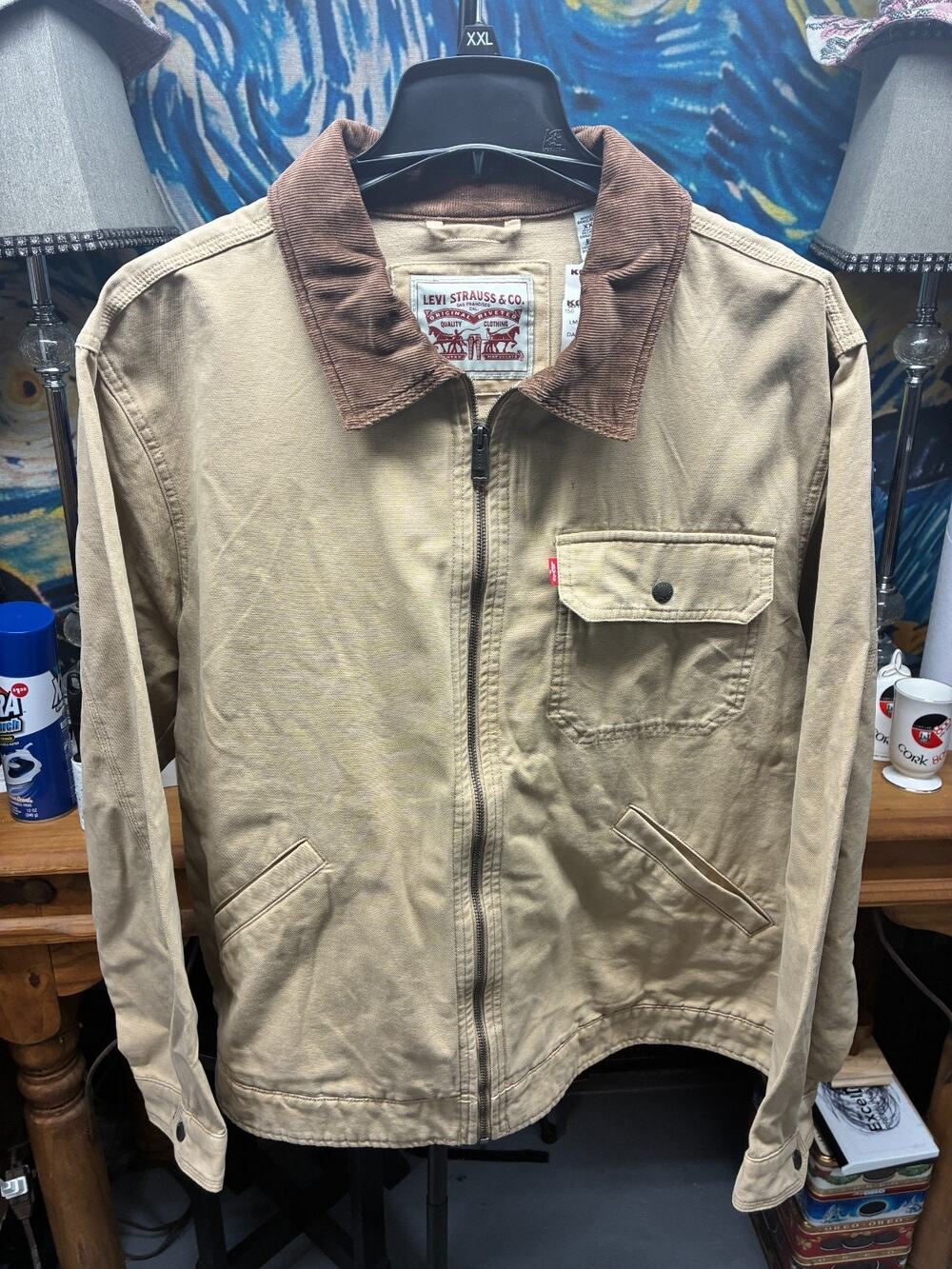 Mens XXL Tan Canvas Jacket Brown Corduroy Collar Full Zip Cotton Workwear Style